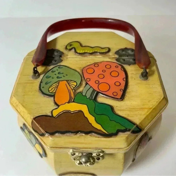 OOAK Vintage 60s Mushroom Themed Octagon Box Purse Boho Cottagecore with mirror - Picture 3 of 14